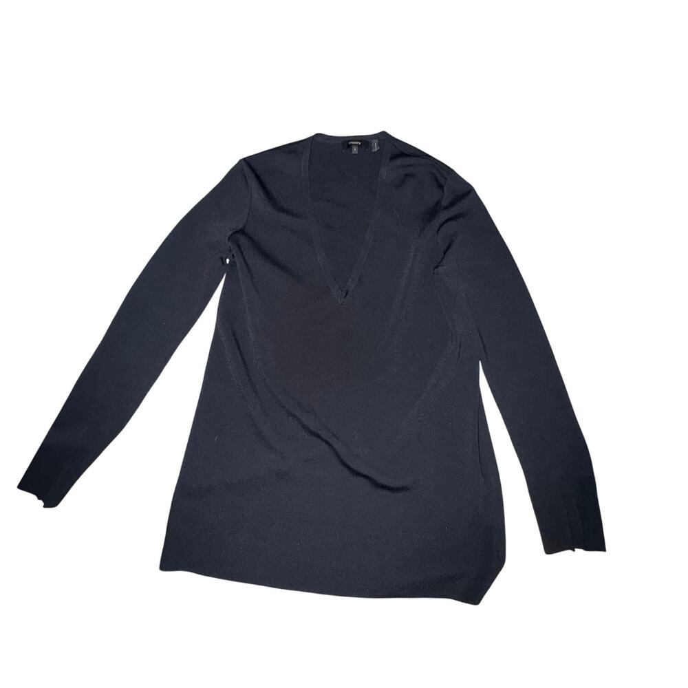Theory Britona Lustrate Knitted Top Women's Size S Black Deep V Neck L/S